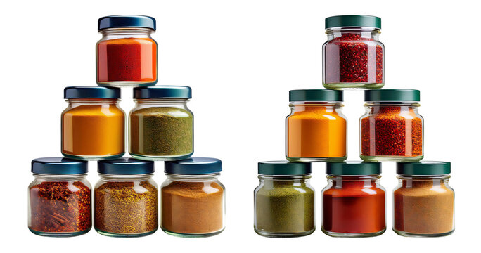 Colorful Glass Jars Filled with Various Spices and Seasonings, PNG bundle collection, Isolated on Transparent Background