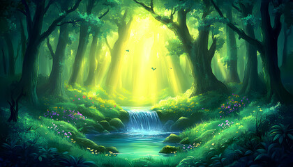 Enchanting sunlit forest scene with cascading waterfall, lush greenery, wildflowers, and tranquil pond. Perfect for fantasy, nature, or relaxation themes.