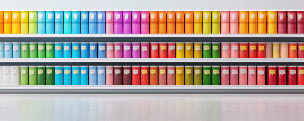Colorful paint cans arranged neatly on shelves in store display
