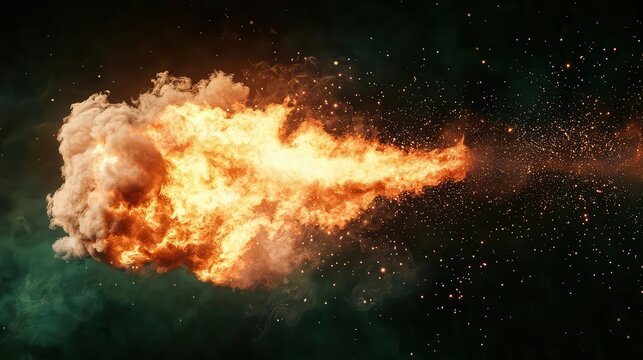Sudden fire flash from a flare gun, dynamic ignition effect, green screen