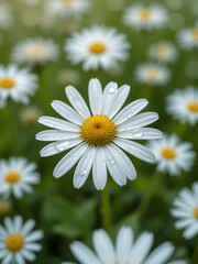Obraz premium White chamomile with water drops macro in field