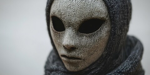 Malevolent knitted mask displayed on a white mannequin in an art exhibit space