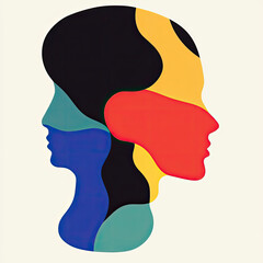 Abstract human head illustration with geometric shapes and vibrant color palette