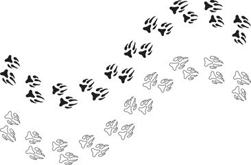 Dinosaur tracks icon set. Dragon tracks foot print symbol silhouette black vector collection isolated on transparent background. Dino cute trail texture. Hand drawn paleontology dinosaur paw prints. © WaQar