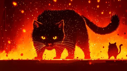 Fiery Pixel Art Cat Silhouette