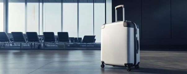 A modern suitcase sits in an airport terminal waiting area