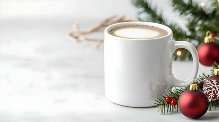 A White Mug Of Hot Chocolate With Festive Christmas Ornaments And Pine Branches On A Marble Surface