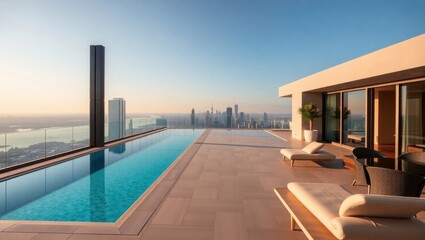Fototapeta premium Spectacular rooftop pool overlooking a modern city skyline at sunset