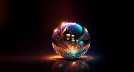 Glowing sphere with nebula patterns, cosmic and vibrant, rests on a dark reflective surface. Abstract and ethereal with a magical feel.