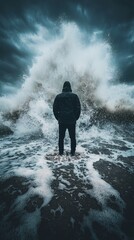 man standing tall against a fierce storm, unwavering and strong, conceptual photography, copy space