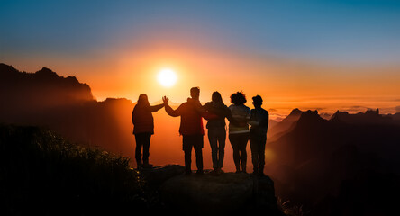 Fototapeta premium Silhouetted figures on a mountain, arms linked, watch a vibrant sunset. Warm hues paint sky and landscape, creating a serene, hopeful scene.