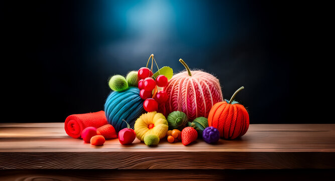Colorful yarn balls and fruit shapes arranged on a wooden surface against a dark backdrop.  Craft items create a playful, vibrant still life scene.