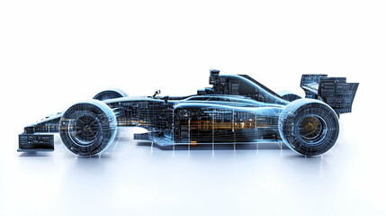 Abstract Blue And Gold Formula One Race Car With Illuminated Lines On A White Studio Background With Light Gray Floor