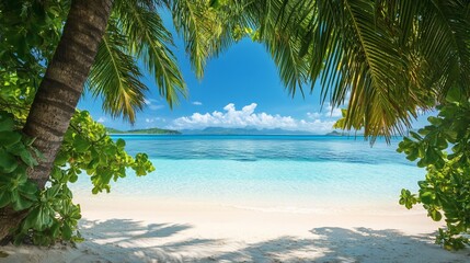 Obraz premium Tropical Paradise: Idyllic Beach Scene with Lush Palm Trees and Turquoise Waters