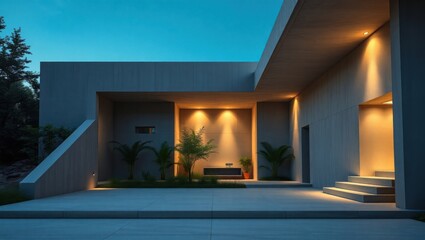 Architectural Elegance, Modern House Exterior at Twilight with Clean Lines and Minimalist Landscaping