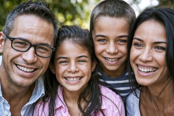 A happy family smiling together in a warm and joyful portrait. Parents and children share love, laughter, and togetherness in a bright, cheerful setting.