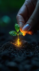 hand planting a small seedling that glows with energy, symbolic of personal growth, conceptual photography, copy space