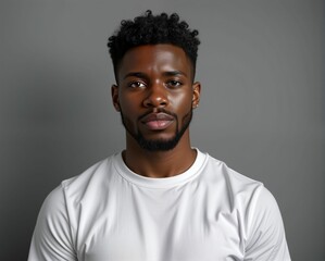 Fototapeta premium A portrait of a young man with curly hair, wearing a white shirt, displaying a serious expression against a neutral gray background.