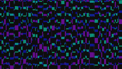 Futuristic pixelated glitch pattern with vibrant purple, blue, and green on black. Cyberpunk abstract digital design for tech branding, gaming, and electronic music visuals