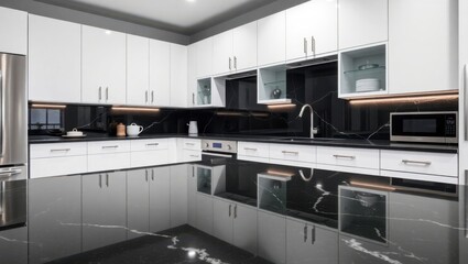 Elegant Modern Kitchen Interior with Sleek White Cabinets and Marble Countertops