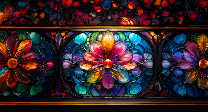 Colorful stained glass panel with vibrant flowers. Ornate design with floral motifs and rich, jewel-toned colors creates a decorative and artistic impression. - Powered by Adobe