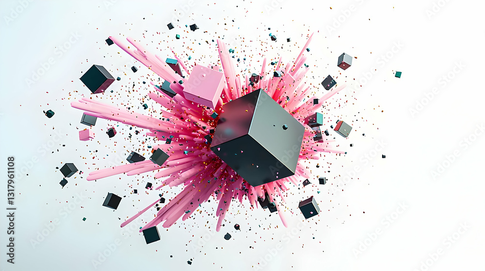 Fototapete Abstract explosion of pink pixelated lines and black cubes on white background with scattered colorful dots