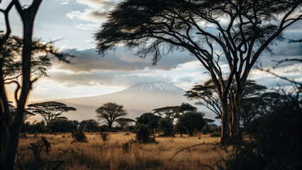 Fototapeta premium The Kenyan savanna glows at twilight, with golden plains stretching toward distant Mount Kilimanjaro, evoking a serene connection between land and sky.