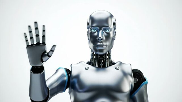 Futuristic Silver Humanoid Robot with Blue Accents in a Minimalist Setting, Showcasing Advanced Technology and Design Features