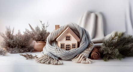 A miniature wooden house is snugly wrapped in a warm scarf, with dried branches and a rolled blanket creating a cozy, inviting, and homey feel.