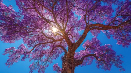 Vibrant purple tree canopy, sunlit, vibrant blue sky