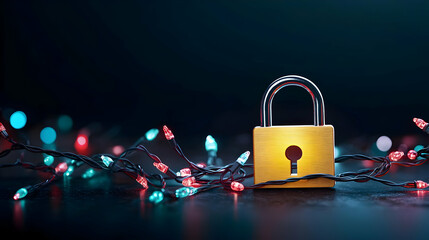 Golden Padlock With Festive Christmas Lights Reflecting On A Dark Surface Symbolizing Holiday Cybersecurity