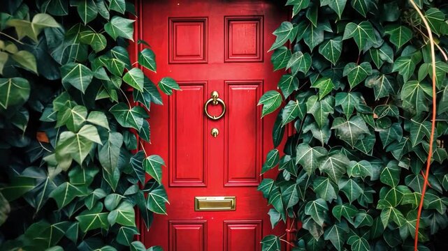 Vibrant Red Door Surrounded by Lush Green Ivy Creates Striking Contrast, with Brass Knocker and Mail Slot Adding Classic Charm and Elegance to Scene, Evoking Sense of Mystery and Vibrancy