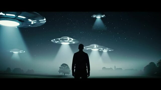 A Mysterious Encounter: A Silhouette of a Human Man Standing in Awe Beneath Three Bright UFOs Amidst a Starry Night in an Open Landscape