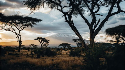 Fototapeta premium The Kenyan savanna glows at twilight, with golden plains stretching toward distant Mount Kilimanjaro, evoking a serene connection between land and sky.