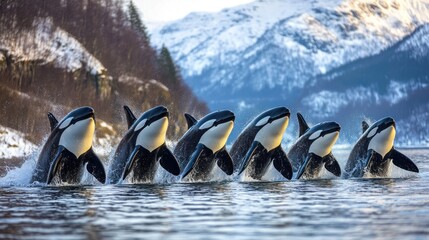 Fototapeta premium Orcas breaching, snowy fjord, winter wildlife