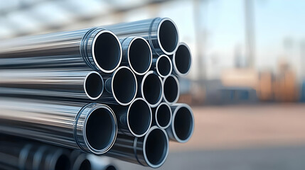 Close Up Of Stacked Shiny Steel Pipes In Industrial Setting With Blurred Background