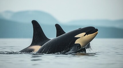 Fototapeta premium Orcas surfacing, coastal waters, misty mountains