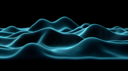 Abstract teal wave pattern, digital landscape, flowing particles, dark background, technology concept, 3D rendering, futuristic design.
