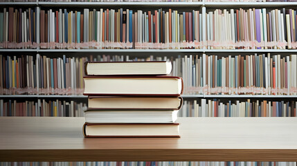 Fototapeta premium A Stack Of Hardcover Books Sits On A Wooden Table In Front Of A Vast Library Bookshelf Featuring Rows And Rows Of Bound Volumes Demonstrating