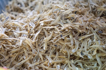 Close-Up of Dried Seafood Ingredients in a Market Setting.  Selective focus.