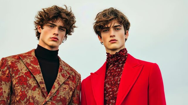 Fashion Editorial with Men in Traditional and Modern Styles Exhibiting Elegance and Sophistication in Vibrant Attire Under a Clear Sky for Contemporary Fashion Concepts