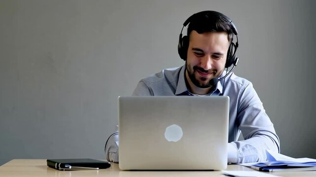 Young Adult Male in Casual Attire Engaged in Remote Work While Wearing Headphones and Using a Laptop in a Minimalist Home Office Setting