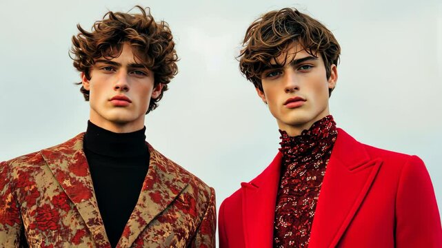 Fashion Editorial with Men in Traditional and Modern Styles Exhibiting Elegance and Sophistication in Vibrant Attire Under a Clear Sky for Contemporary Fashion Concepts