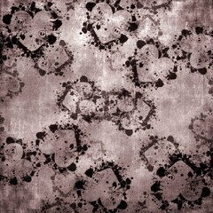 Distressed pinkish-gray skull-heart pattern with grunge splatters. Gothic romantic background perfect for edgy artwork, alternative fashion, and scrapbook projects.