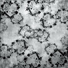 Grunge gothic heart pattern with skull elements in black and gray. Distressed dark background perfect for punk designs, Halloween themes, and edgy artwork.