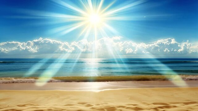 Bright Sun Shines Over Tranquil Beach, Casting Rays Across Clear Blue Sky and Calm Ocean Waves, Creating Serene and Peaceful Atmosphere with Sunlight, Sand, Clouds, and Horizon in View
