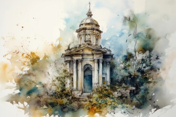 Obraz premium building in an ancient park, watercolor on a white background,.Generative AI