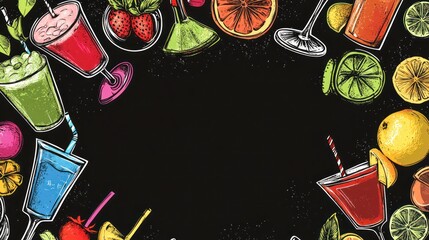 Colorful cocktails & fruits border, dark background, menu design