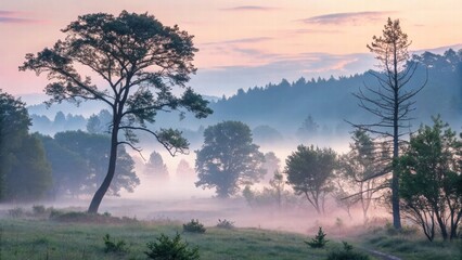 Obraz premium Misty Forest Landscape at Sunrise with Trees and Fog in Background