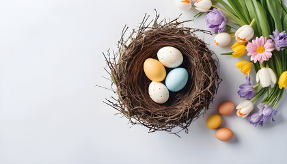 Easter Nest with Colorful Eggs and Flowers